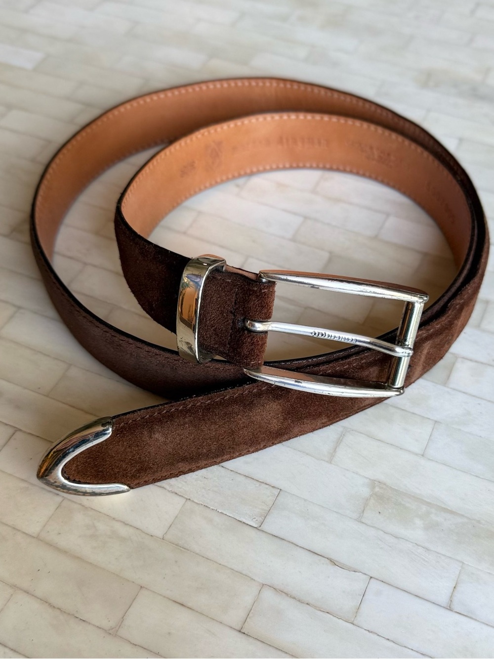 Martin Dingman Brown Calf Suede Men's Belt with Silver Buckle Made in USA 36